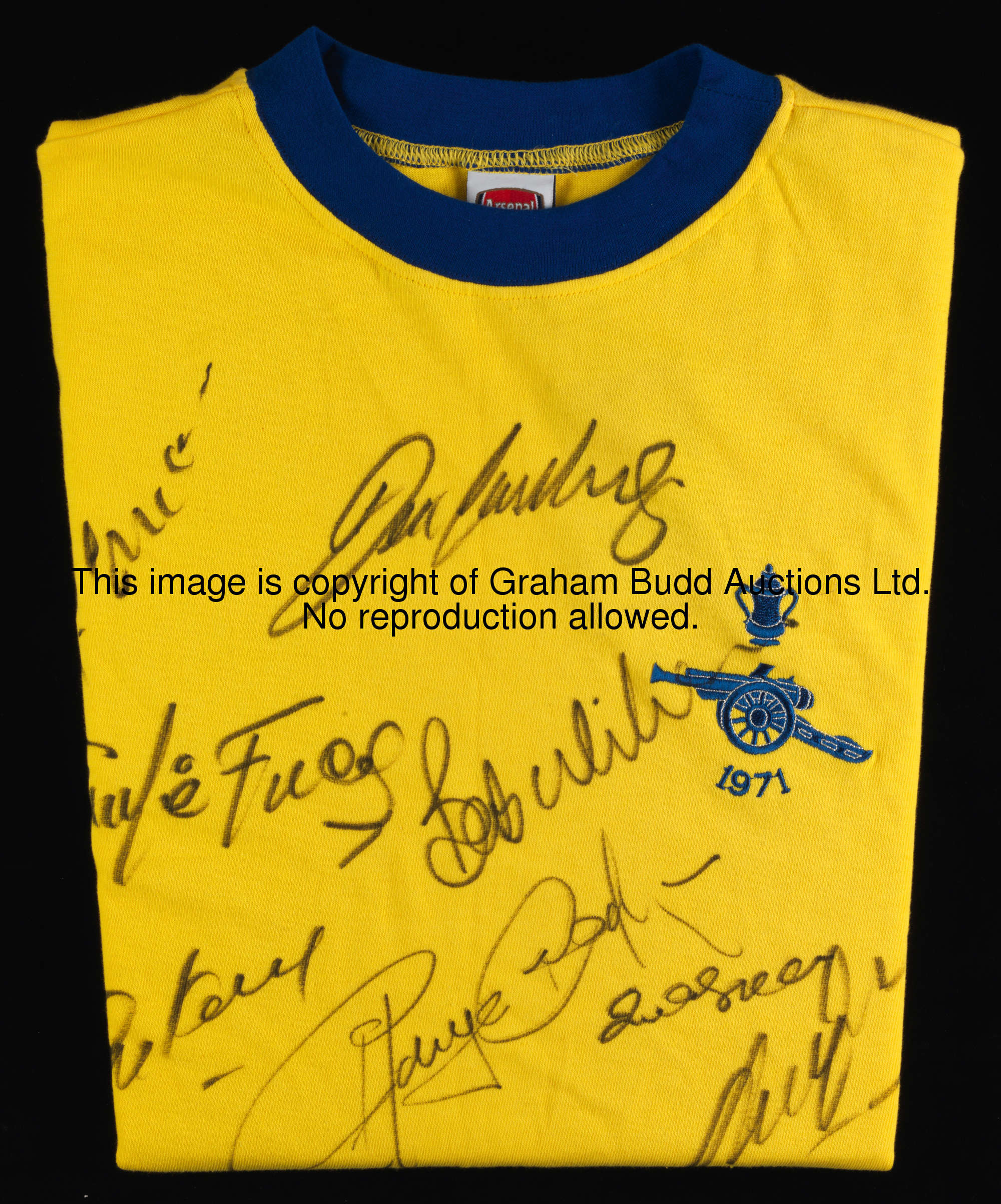 A multi-signed yellow Arsenal 1971 F.A. Cup final retro jersey, nine signatures in black marker pen,...