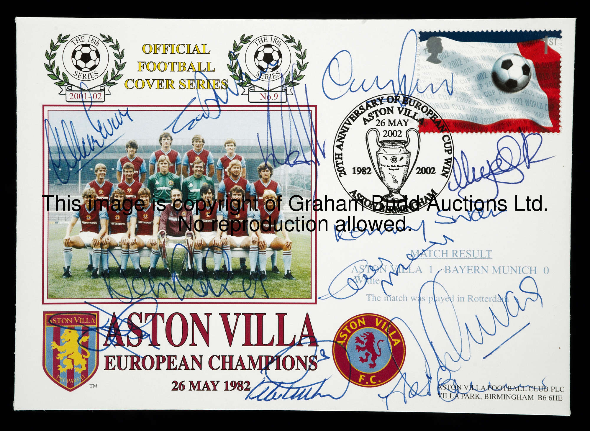 A signed Aston Villa 20th anniversary European Champions postal cover, published in 2002 and signed ...