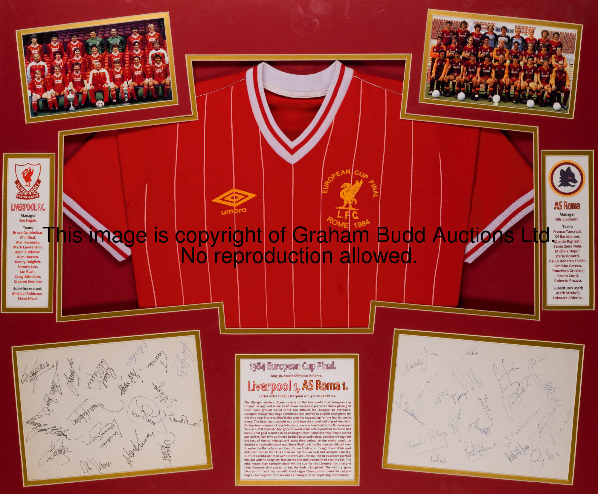 An autographed Liverpool v AS Roma 1984 European Cup final framed display, comprising two sheets, th...