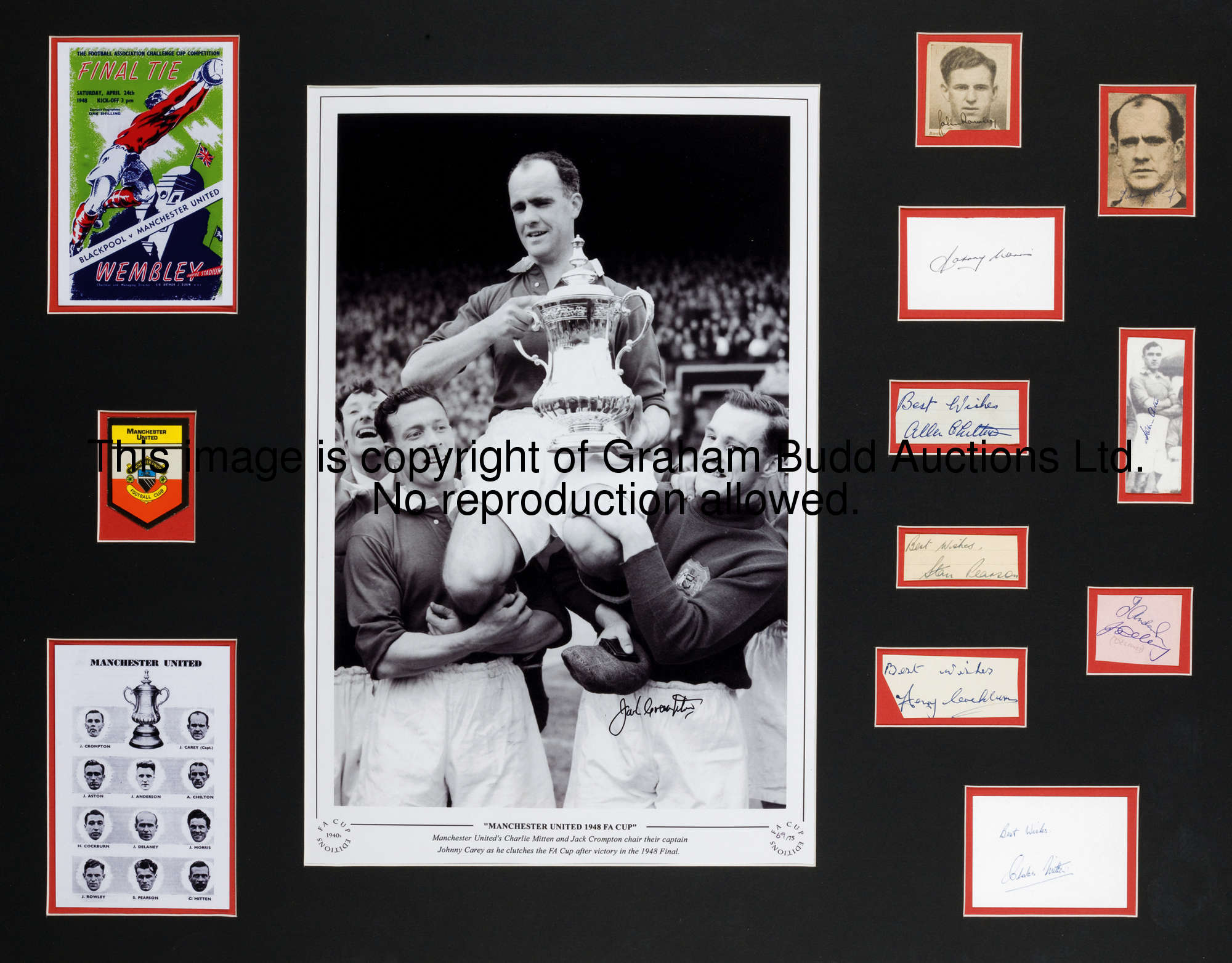 An autographed Manchester United 1948 F.A. Cup winners framed display, containing the signatures of ...