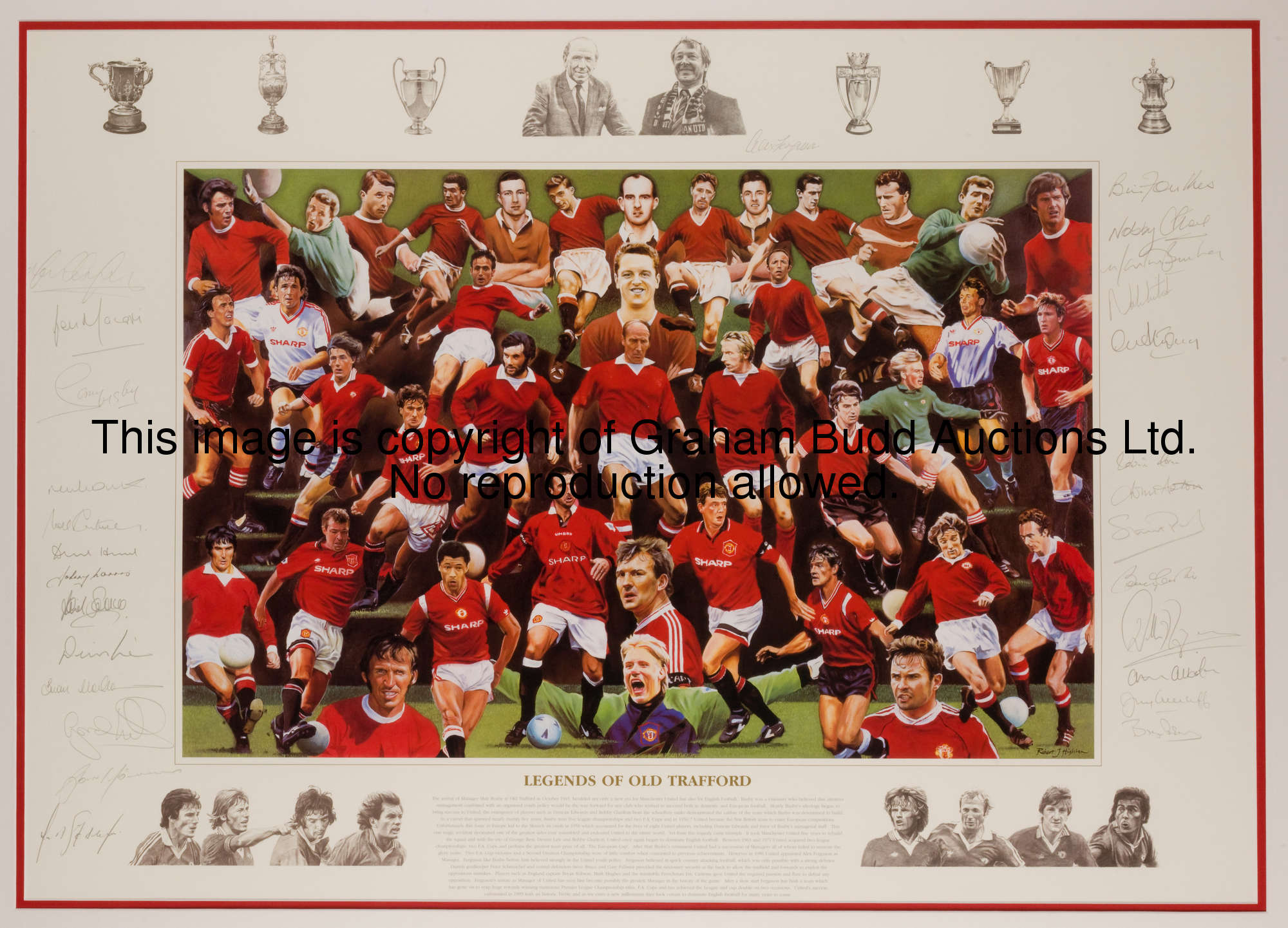 A multi-signed ''Legends of Old Trafford'' print, the artwork after Robert J Highton and featuring M...
