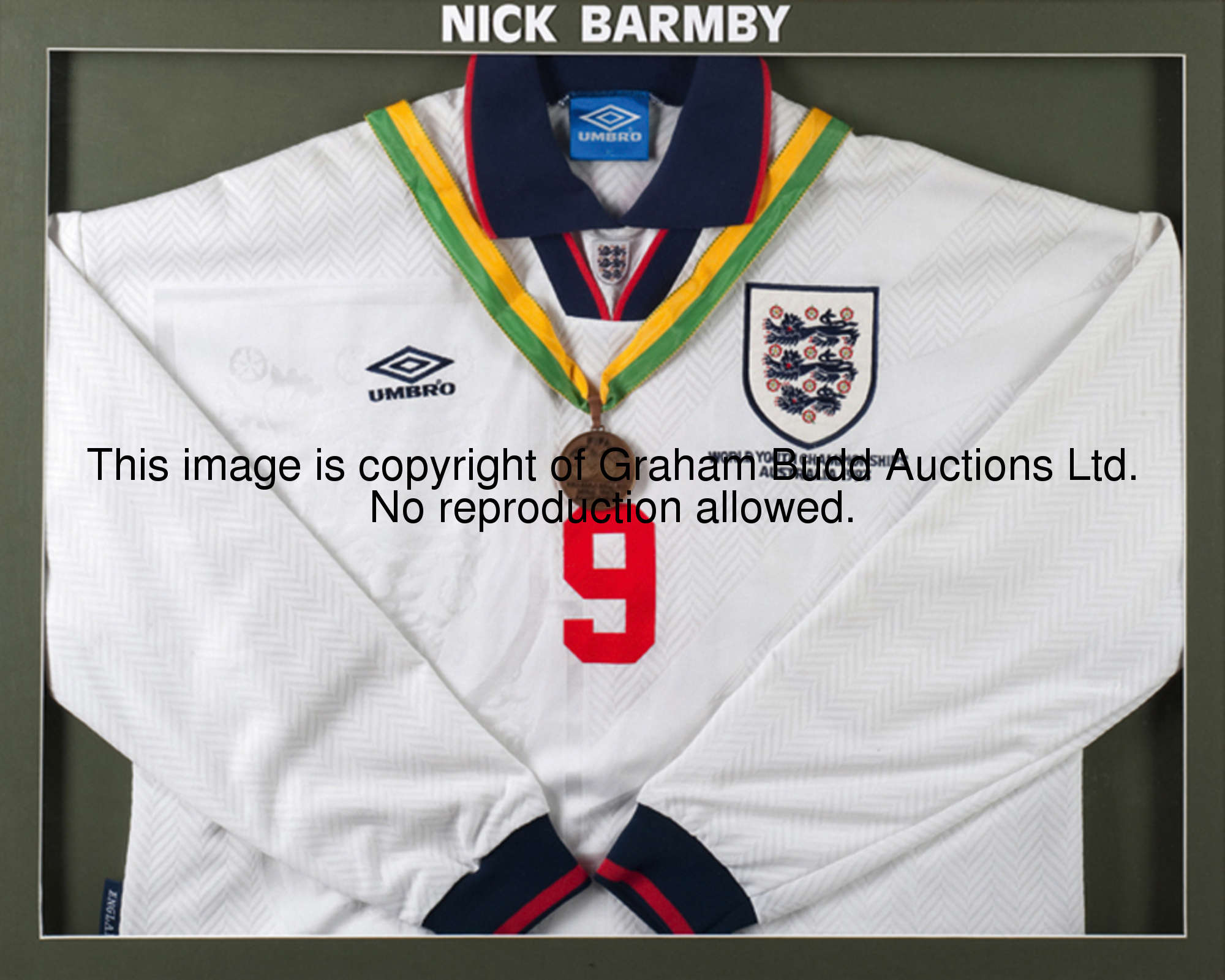 Nick Barmby's bronze prize medal and playing shirt from the 1993 FIFA World Youth Championships in A...