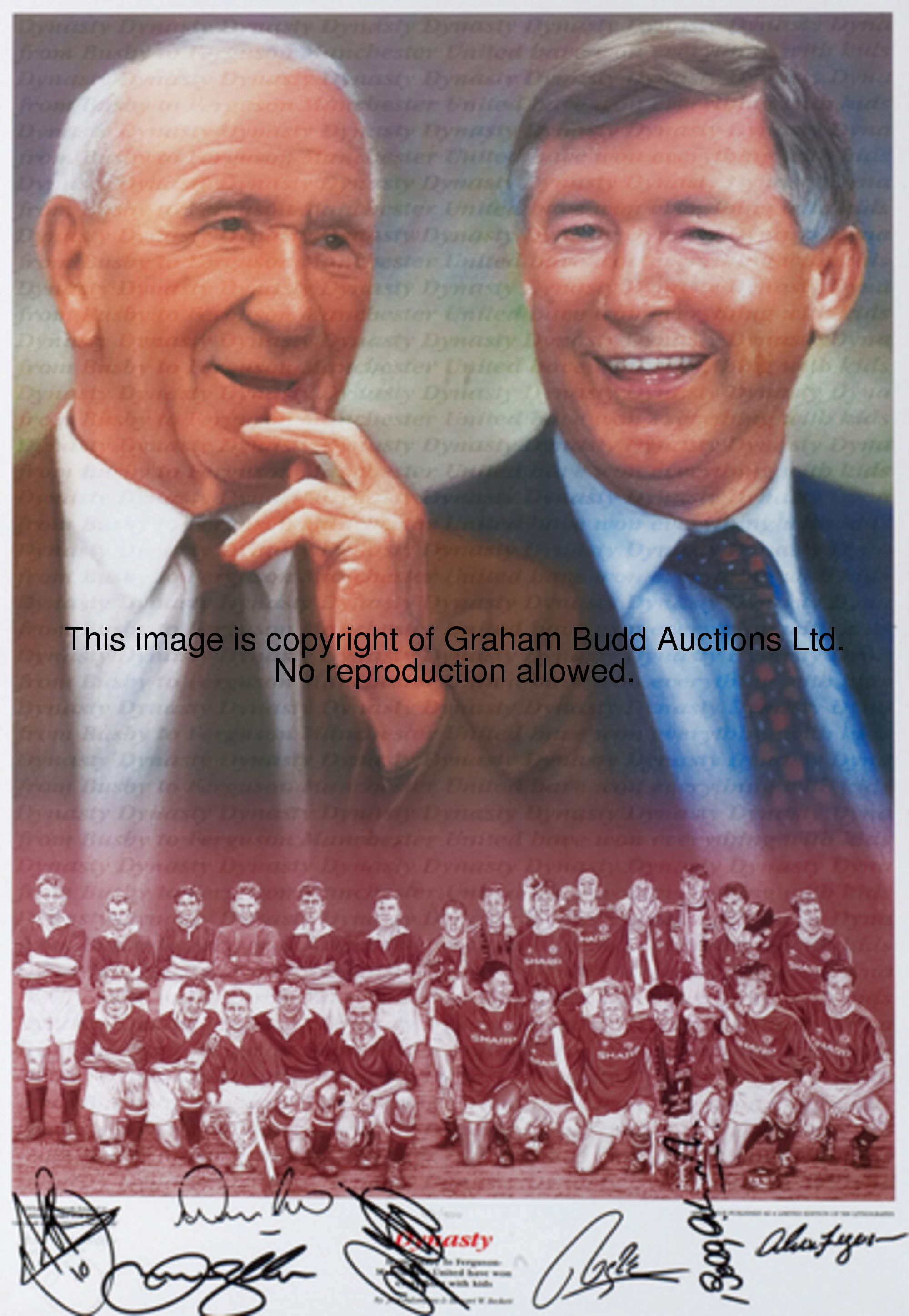 Manchester United signed limited edition print, titled ''Dynasty,'' portraying Sir Matt Busby and Si...