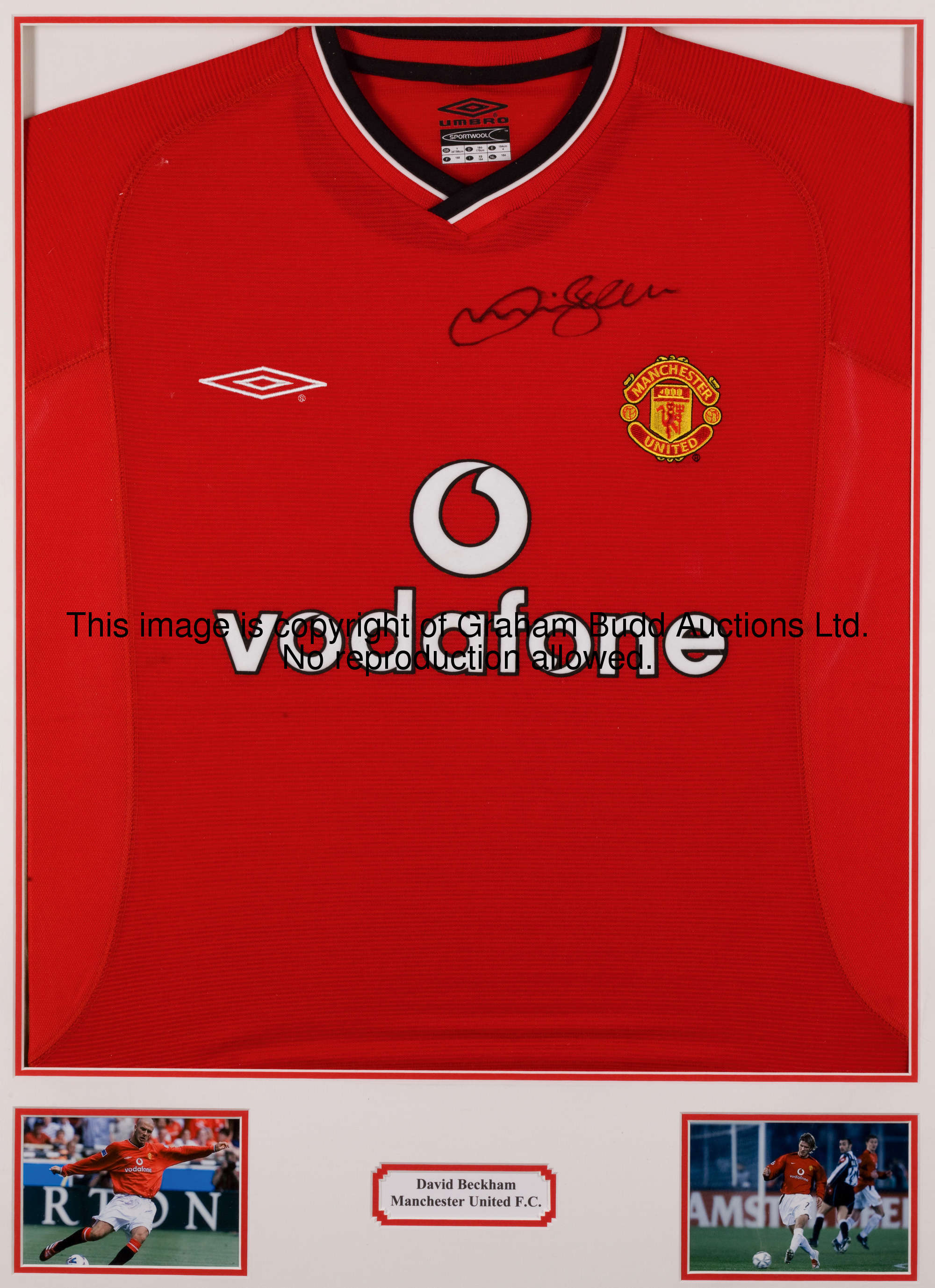 A signed David Beckham display, mounted ready for framing and comprising a signed red replica Manche...