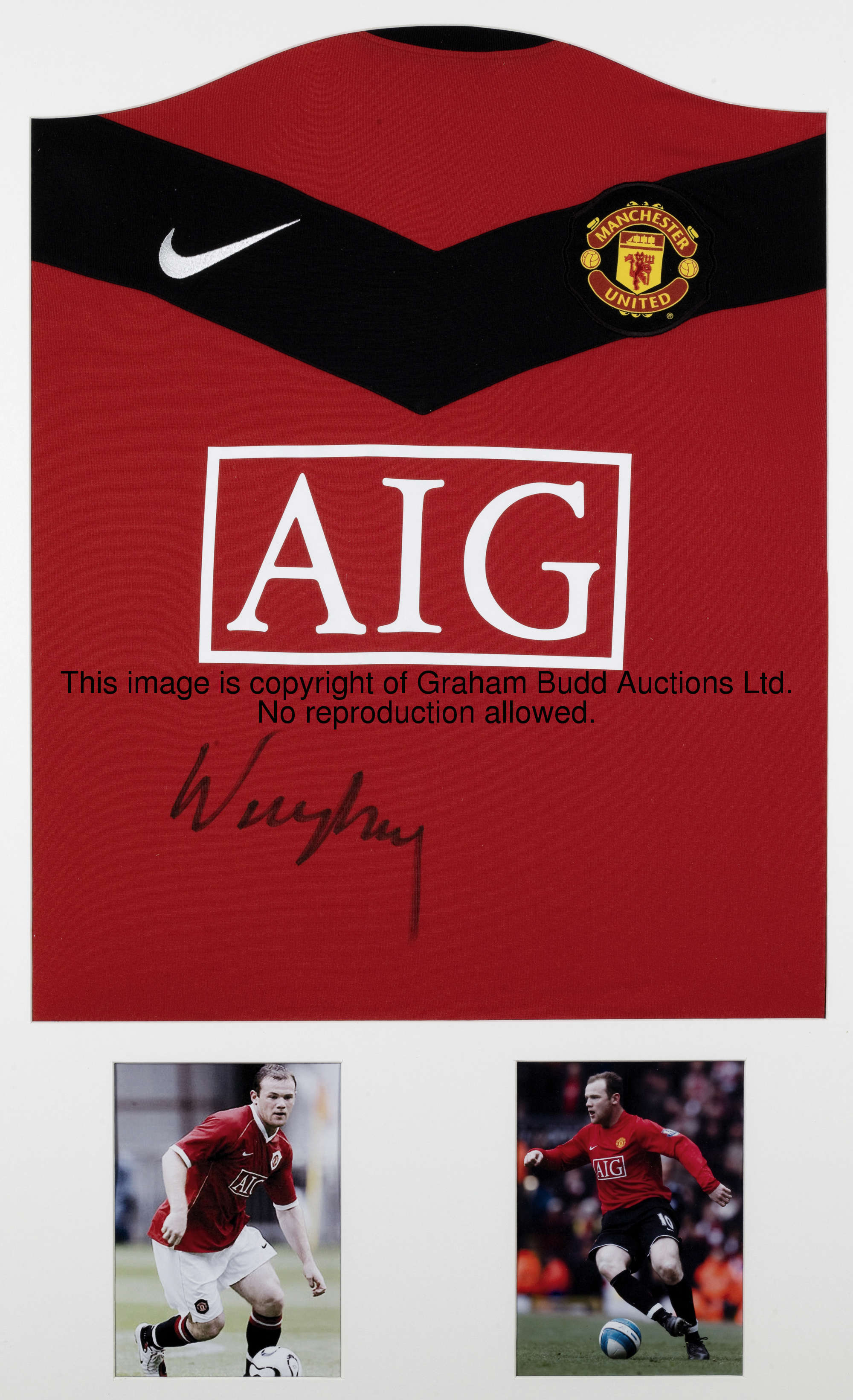 A signed Wayne Rooney framed display, comprising a signed red replica Manchester United jersey above...