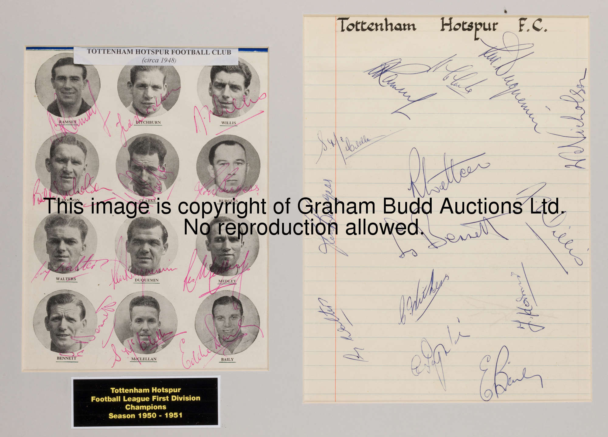 An autographed Tottenham Hotspur 1950-51 Football League Division Champions framed display, the moun...