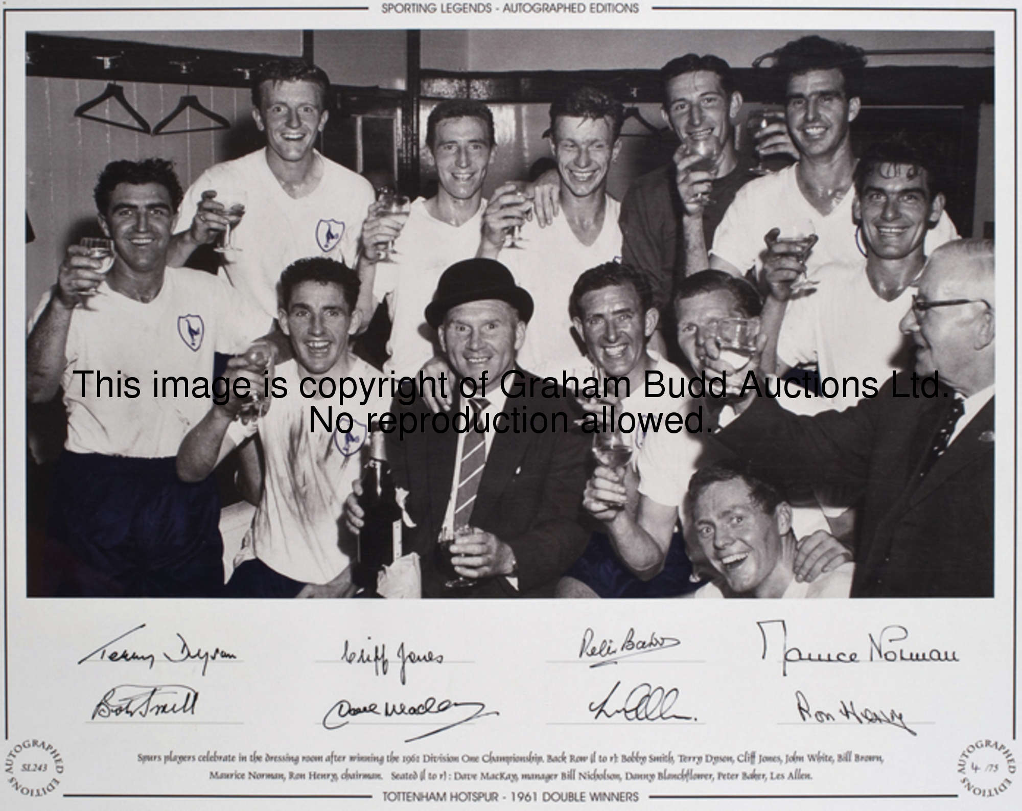 Autographed Tottenham Hotspur memorabilia, including a 1961 F.A. Cup final retro shirt signed by sev...