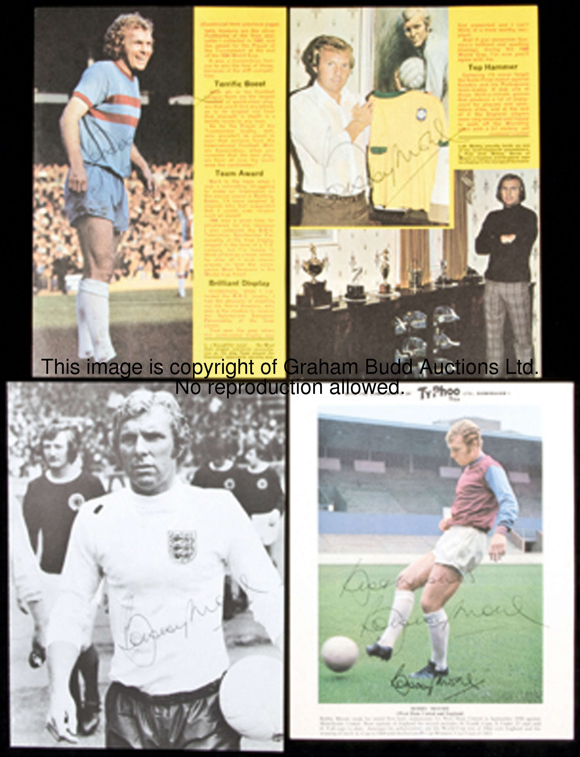 A collection of six signed photographs of Bobby Moore, five being magazine photos the other a Ty-Pho...