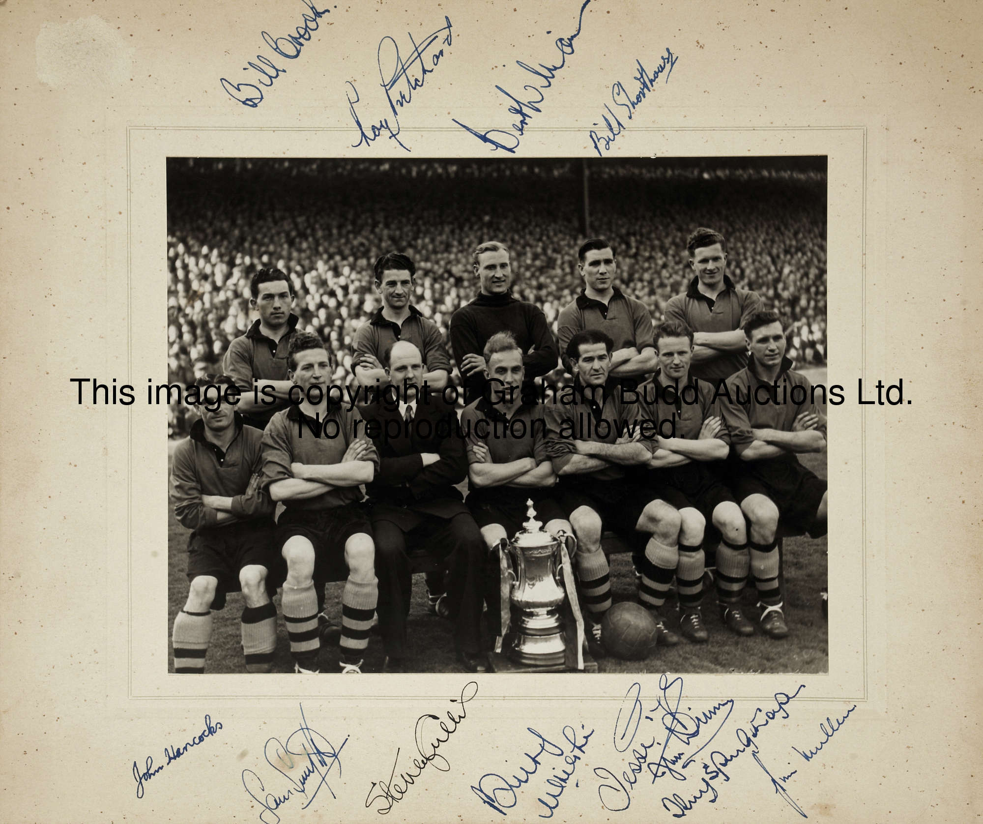 A b&w photograph of the Wolverhampton Wanderers 1949 F.A. Cup winning side fully signed by the 11 fi...