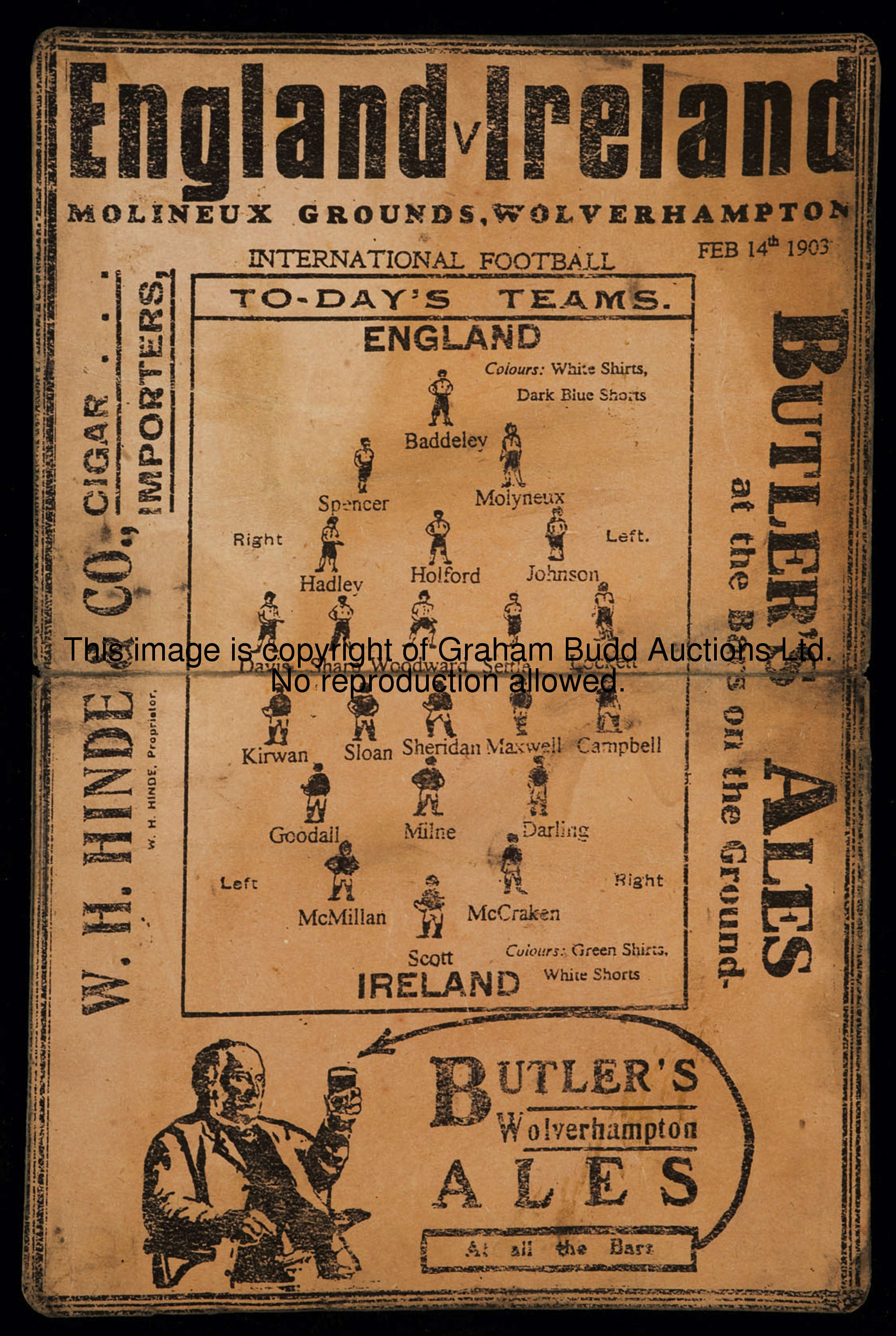 England v Ireland programme played at Molineux 14th February 1903