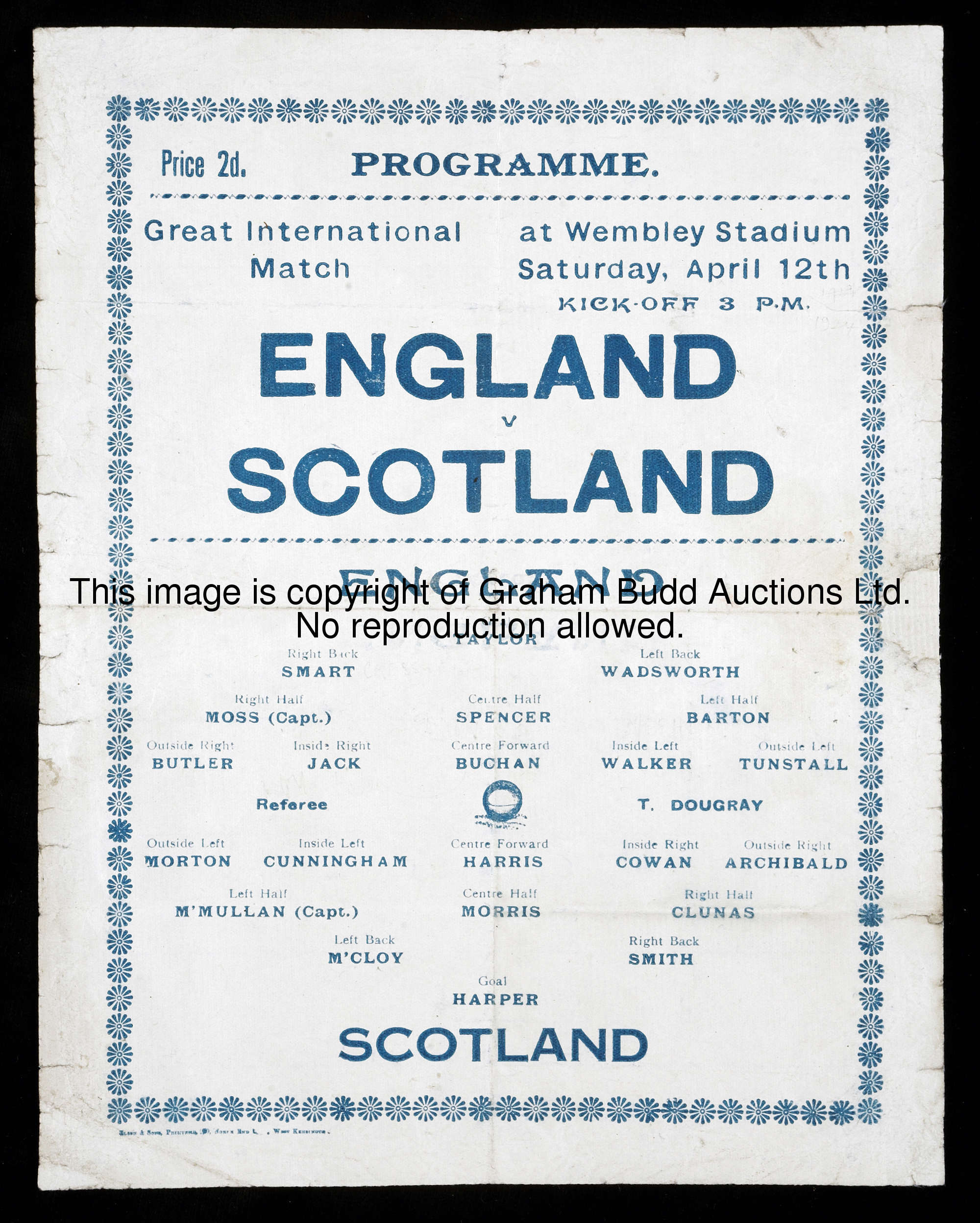 England v Scotland international programme played at Wembley 12th April 1924, a 'pirate' issue for t...