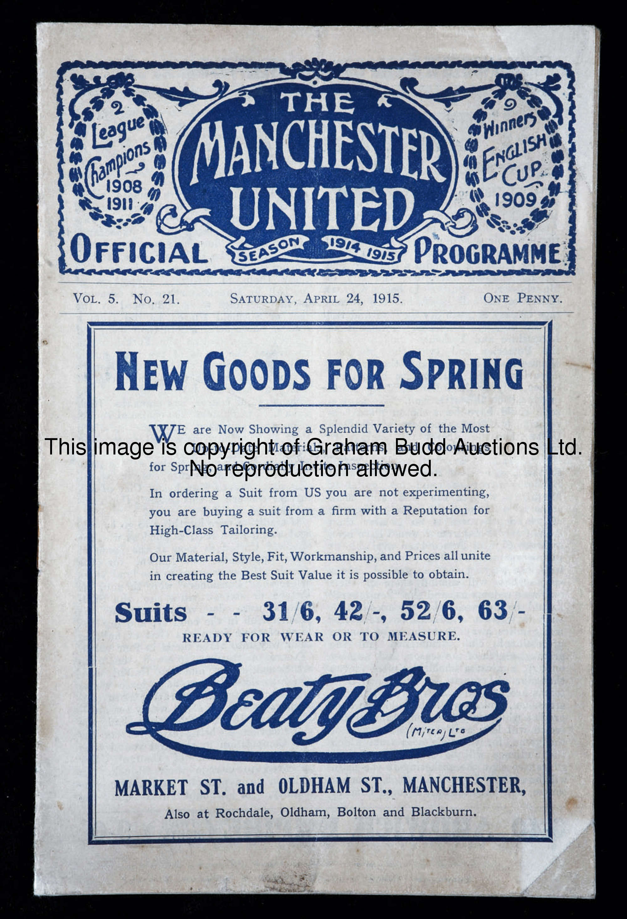 F.A. Cup final programme Chelsea v Sheffield United played at Old Trafford 24th April 1915