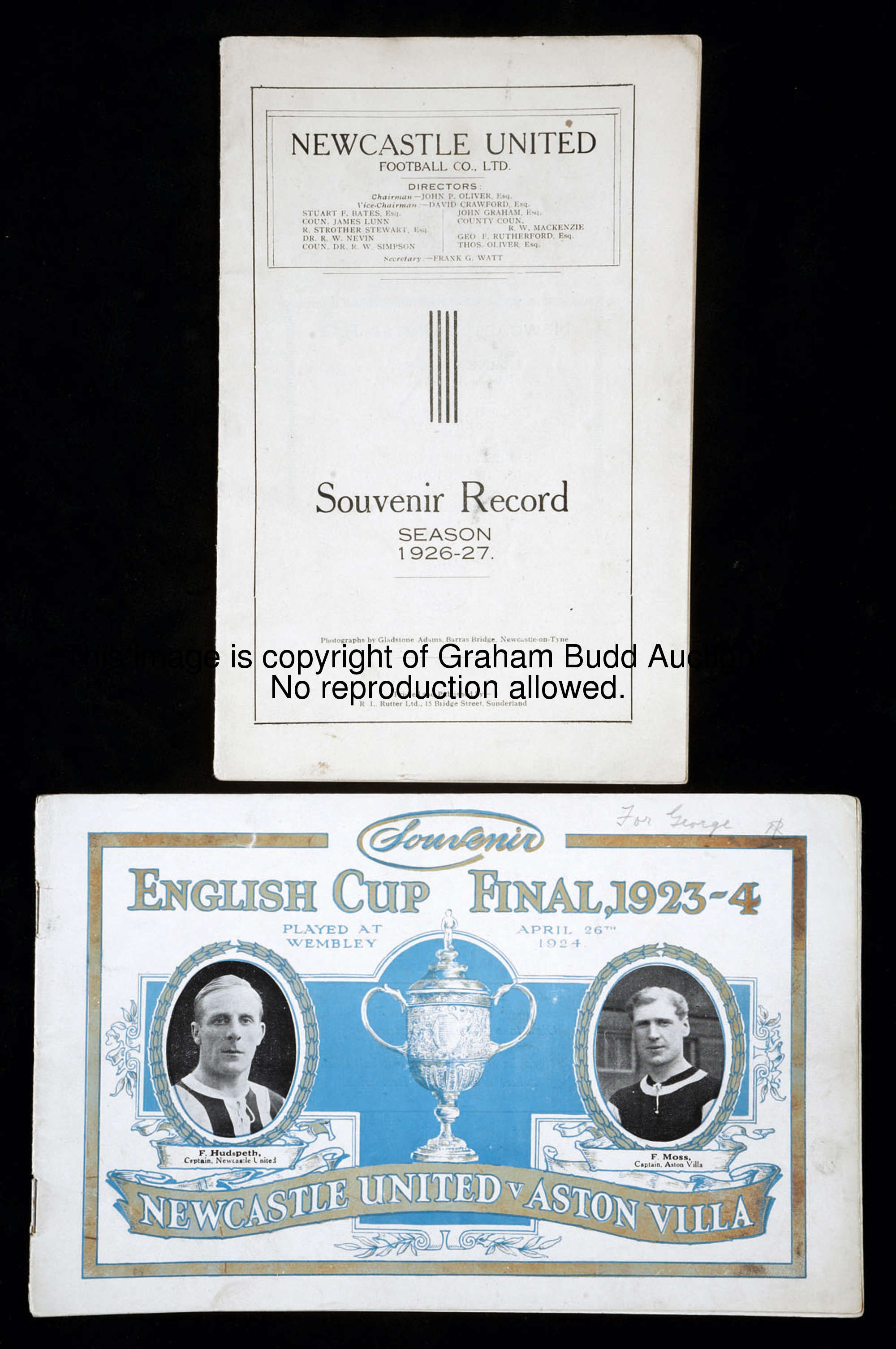 A souvenir programme for the 1924 F.A. Cup final Newcastle United v Aston Villa, sold with a Newcast...