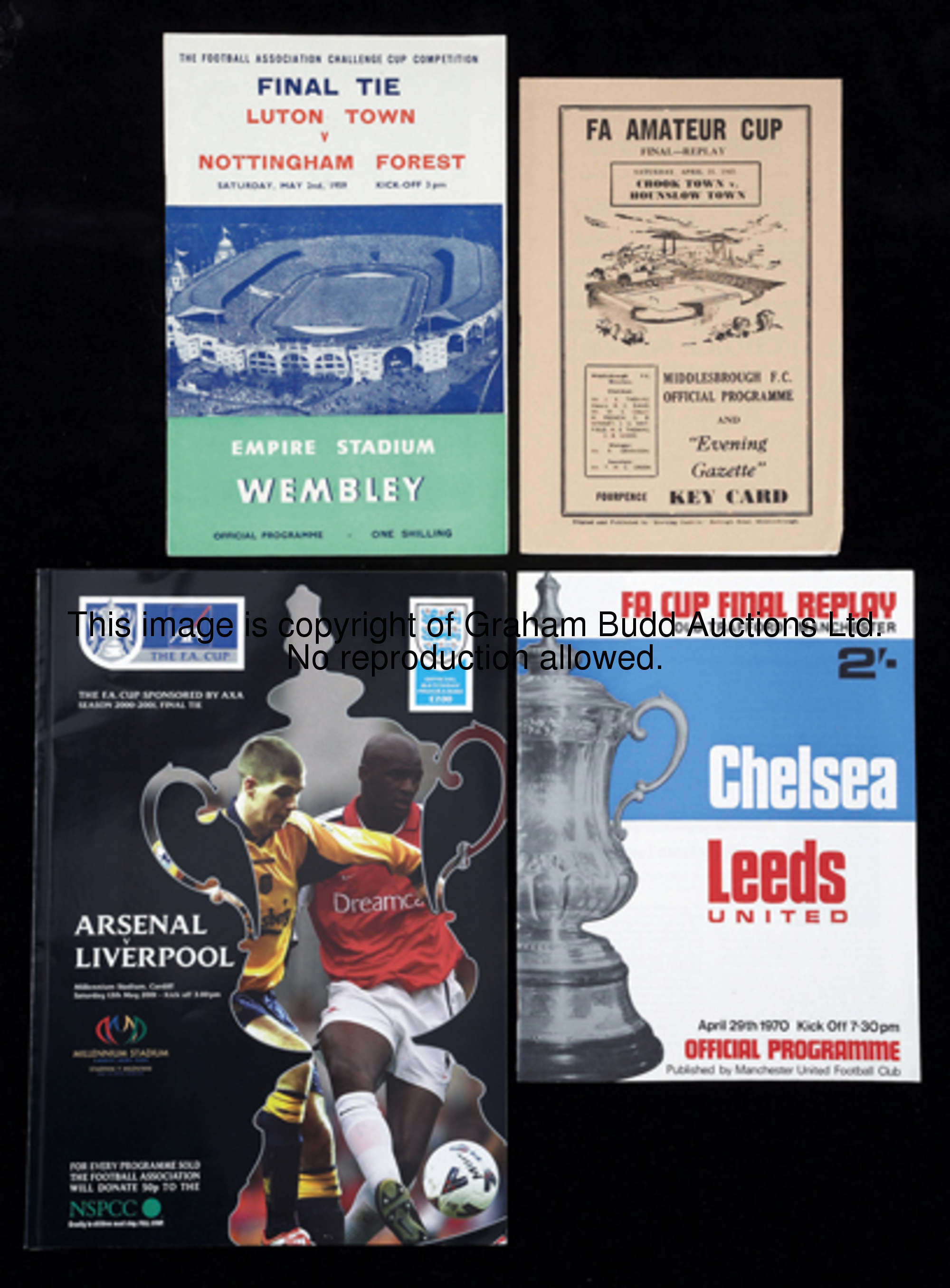 An unbroken run of F.A. Cup final programmes for 1959 to 2005, including replays for 1970, 1981, 198...