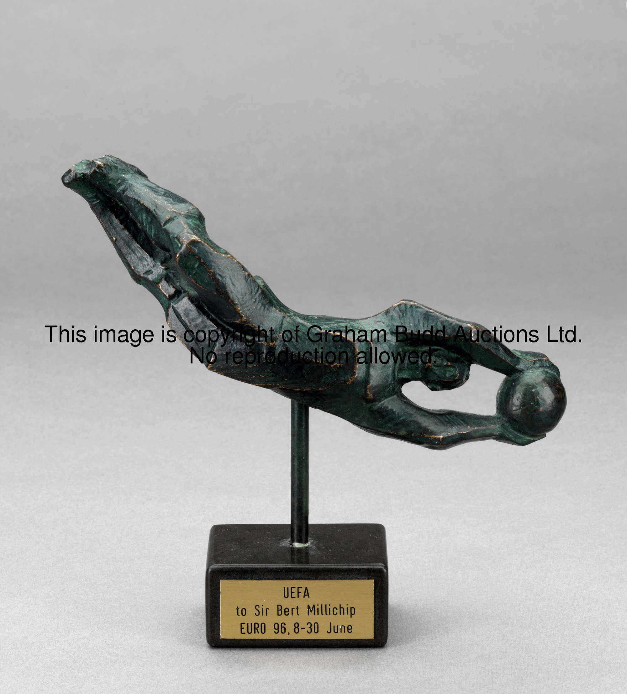 A bronze figure of a diving goalkeeper presented by UEFA to Sir Bert Millichip to commemorate the Eu...