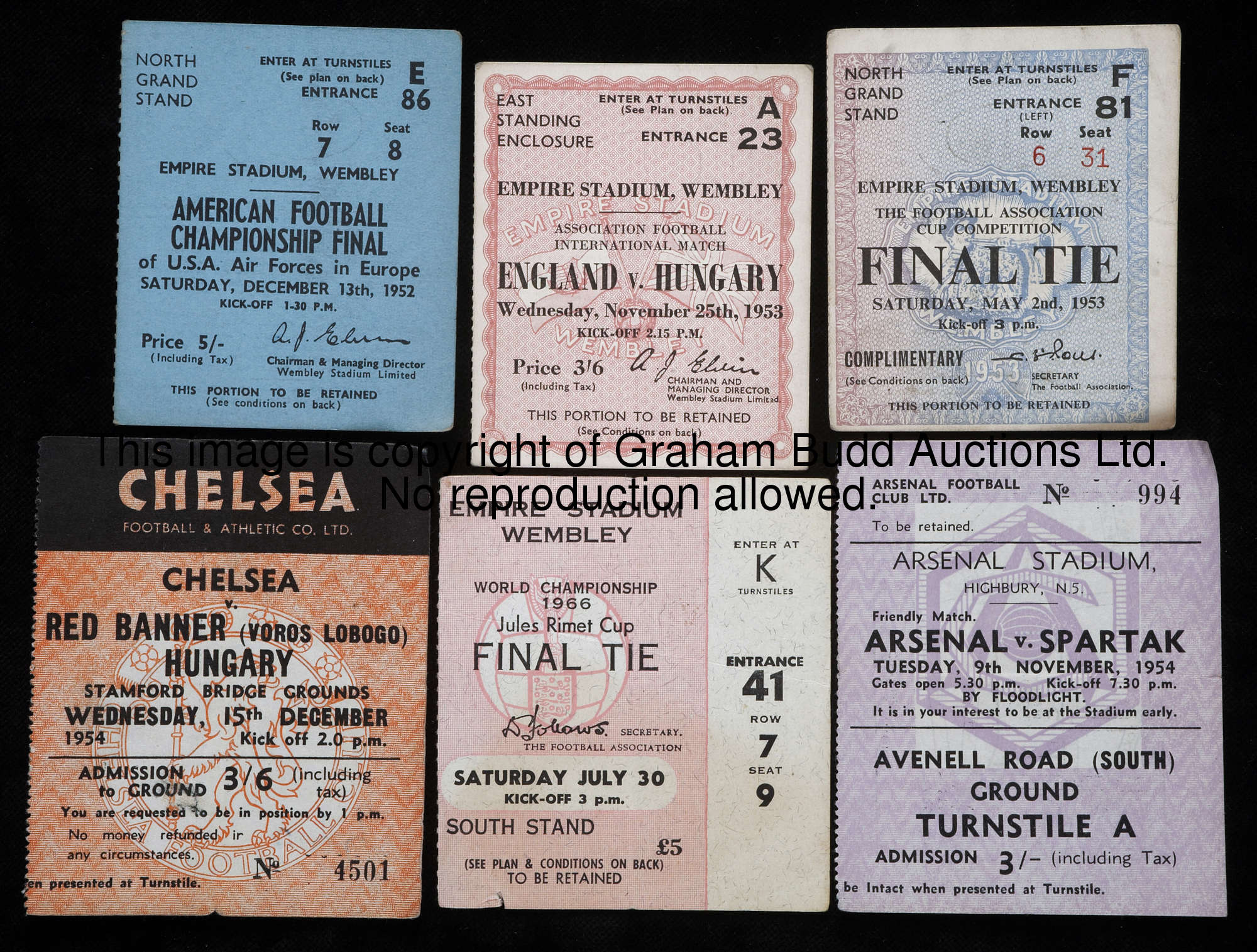 A collection of Wembley football ticket stubs including 1966 World Cup