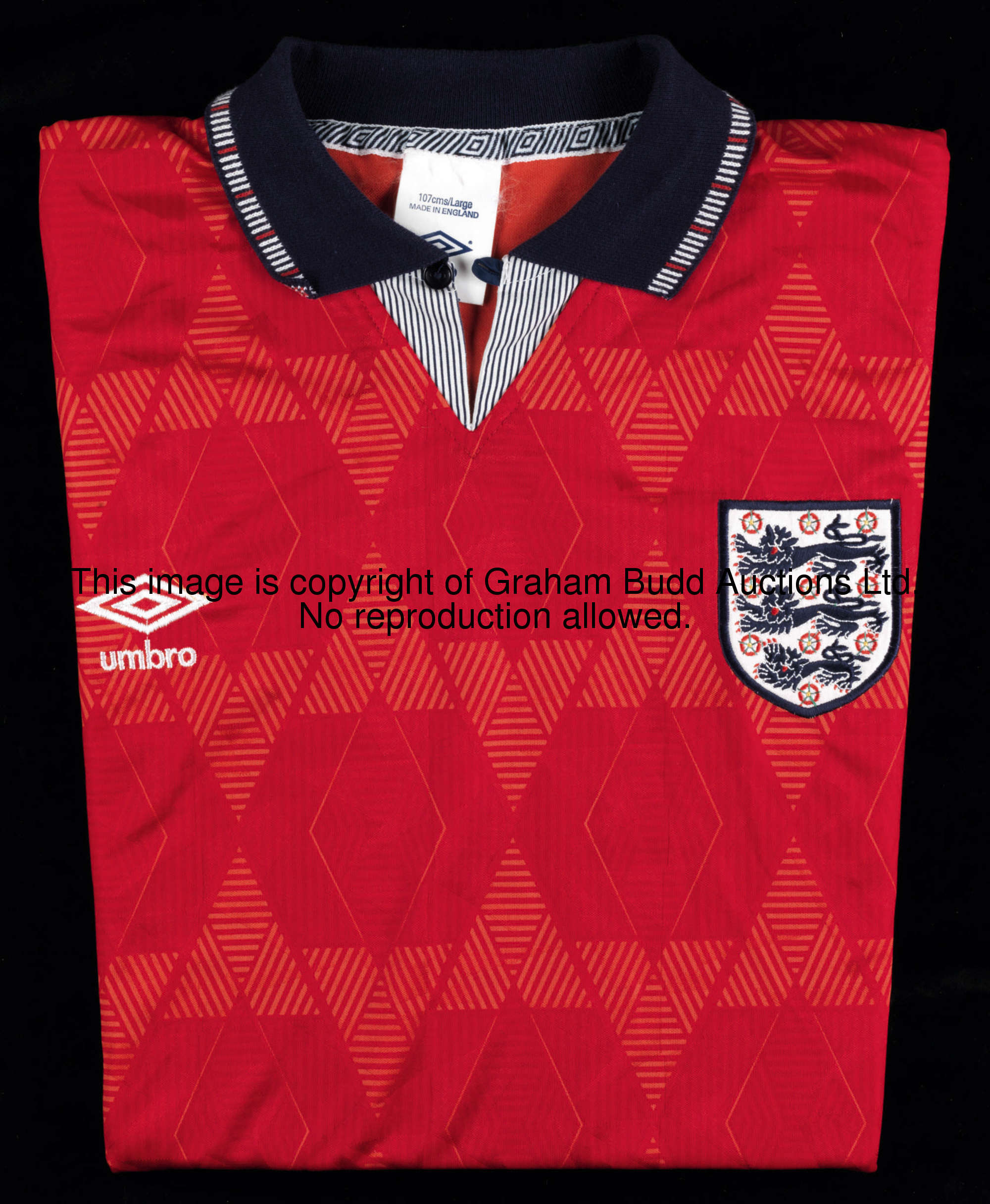 A red England No.9 international away jersey circa 1990-1992, short-sleeved  This jersey was gained ...