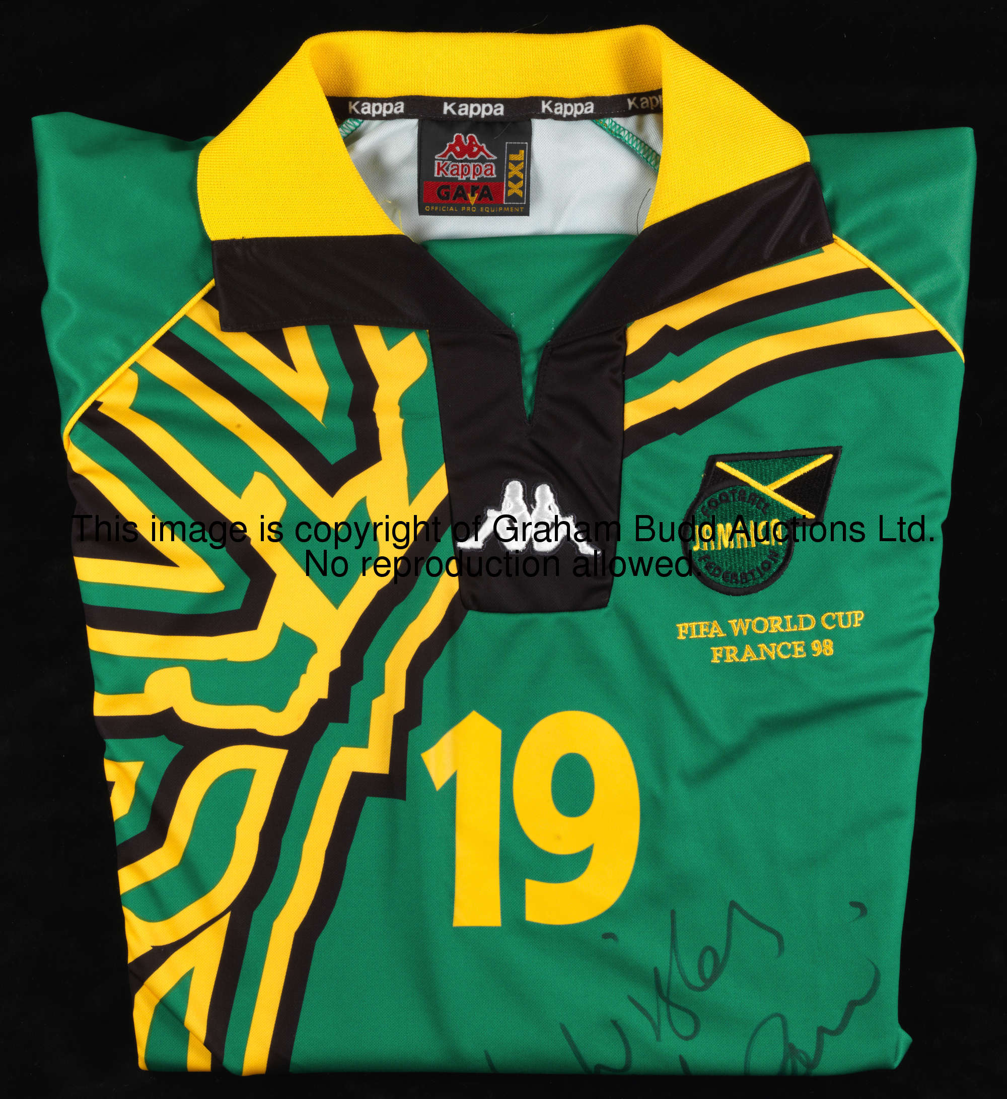 Frank Sinclair: a signed green Jamaica No.19 1998 World Cup jersey, signed to the front in black mar...