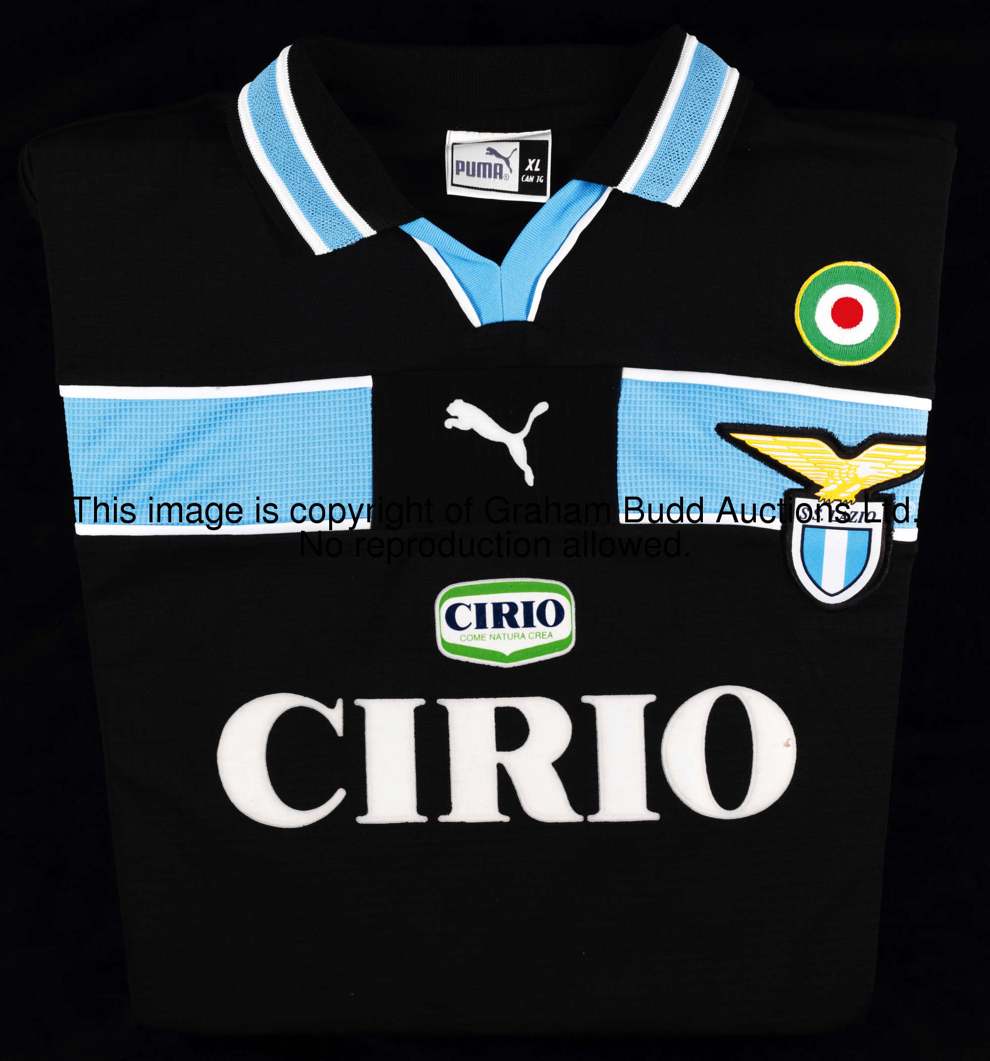 Roberto Mancini: a black Lazio No.10 away jersey, long-sleeved, Lega Calcio flash, the reverse lette...