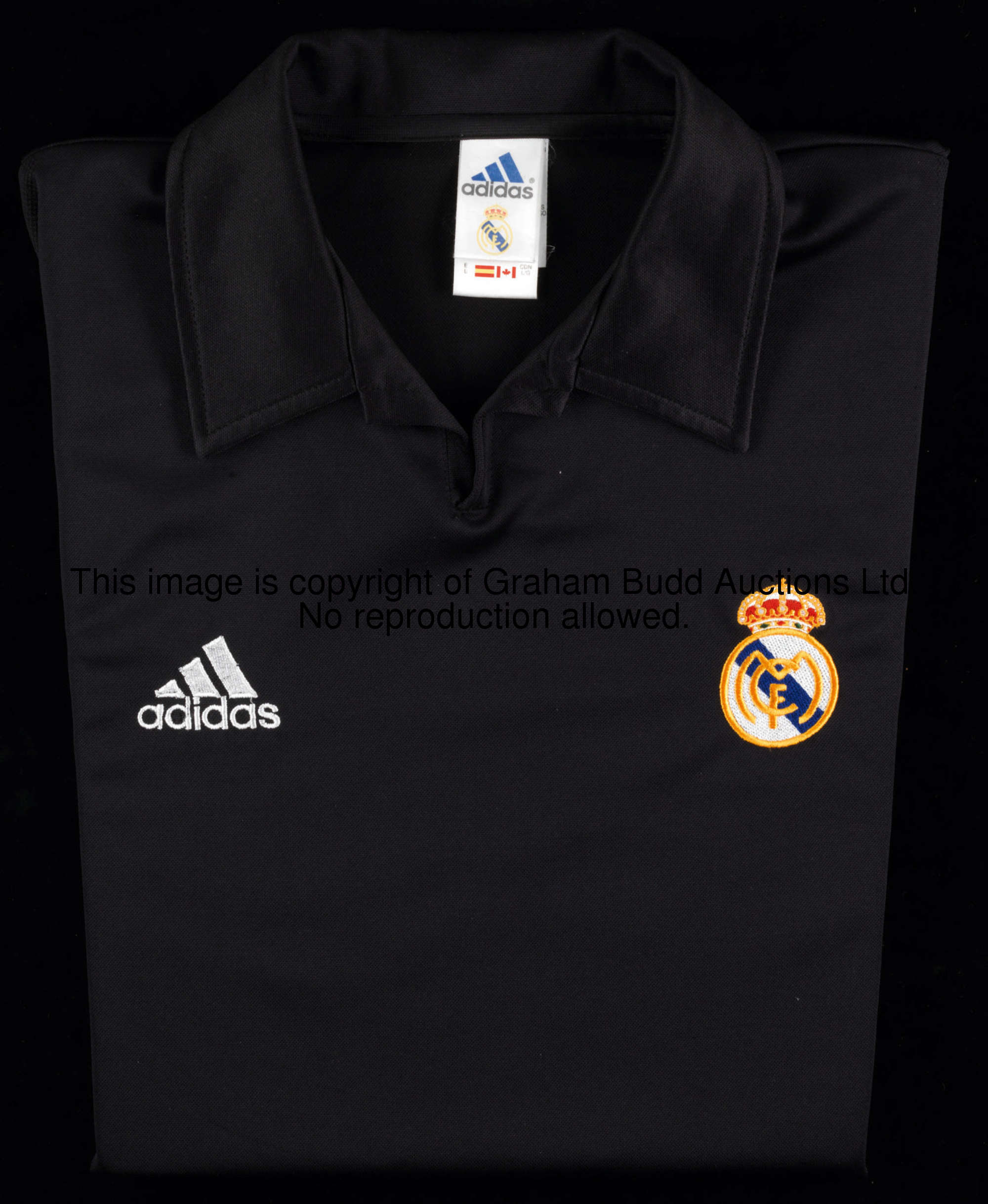 Luis Figo: a black Real Madrid No.10 away jersey season 2001-02, short-sleeved, LFP flash and Real M...