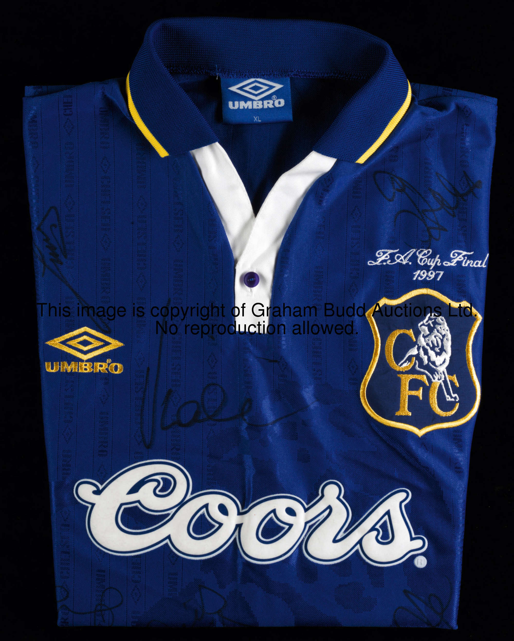 A squad-signed blue Chelsea 1997 F.A. Cup final jersey, an unnumbered short-sleeved spare, inscribed...