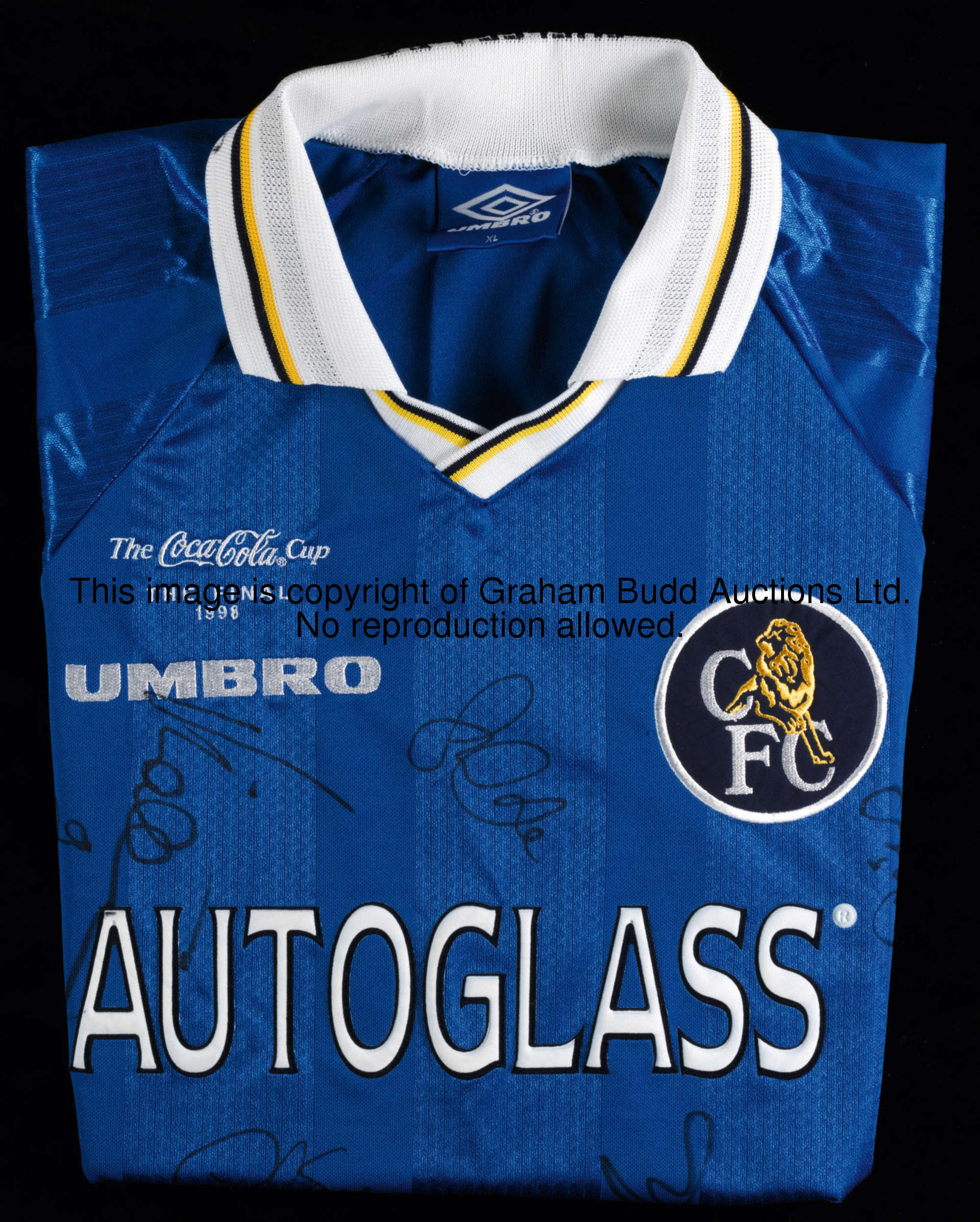 A squad-signed blue Chelsea 1998 Coca-Cola Cup final jersey, an unnumbered short-sleeved spare, insc...