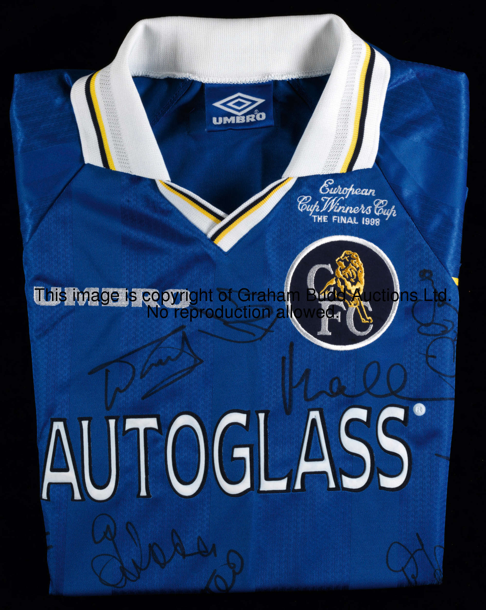 A squad-signed blue Chelsea 1998 European Cup Winners' Cup final jersey, an unnumbered short-sleeved...