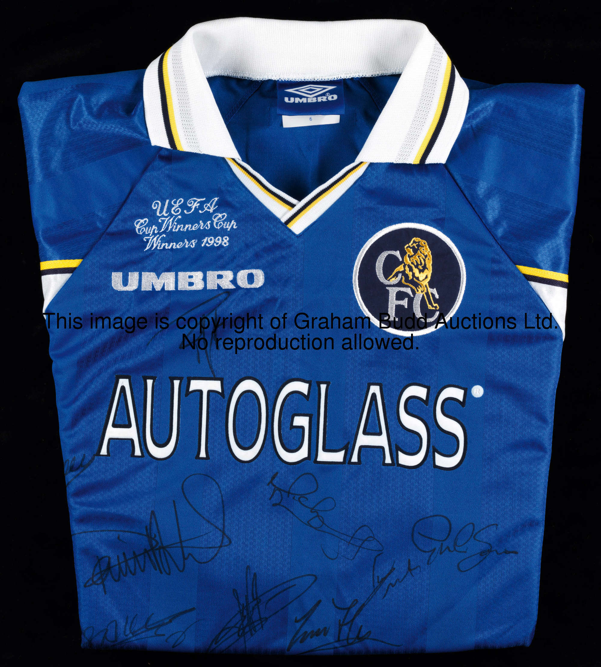 A squad-signed blue Chelsea 1998 European Super Cup jersey, a No.20 [Jody Morris] but unlettered, lo...