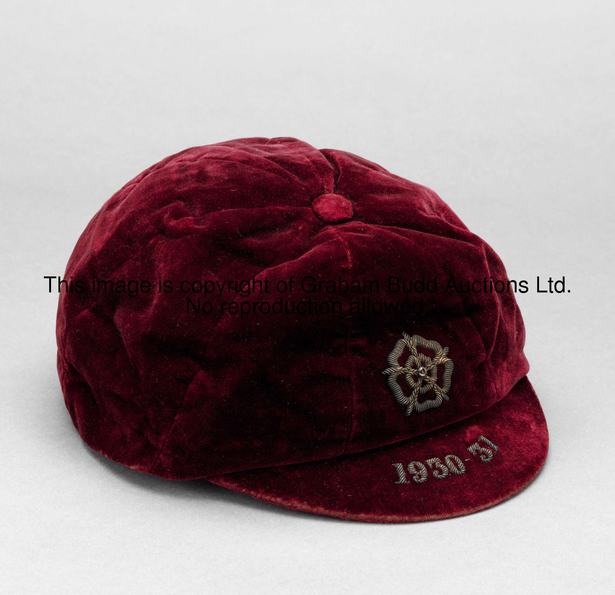 Ernie Blenkinsop's red England v Wales international cap season 1930-31, with gilt-wire English rose...