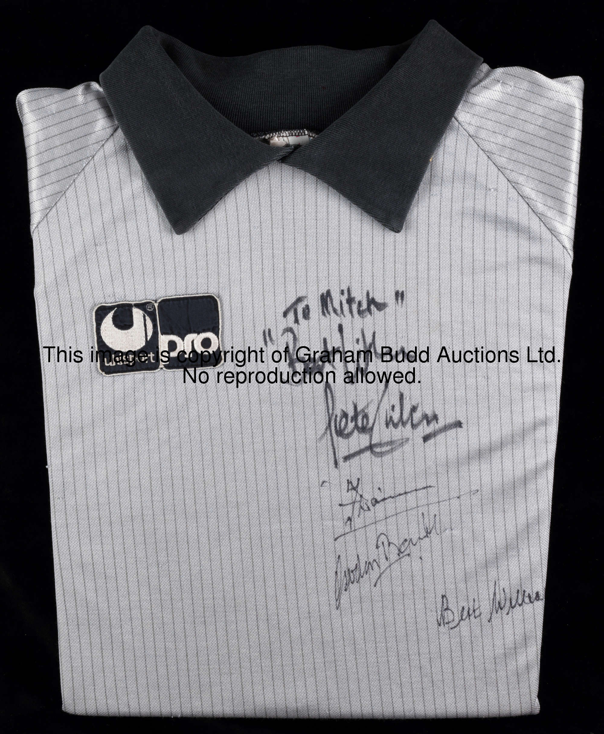 Peter Shilton: a signed grey Derby County goalkeeping jersey circa 1990, signed by Shilton and fello...