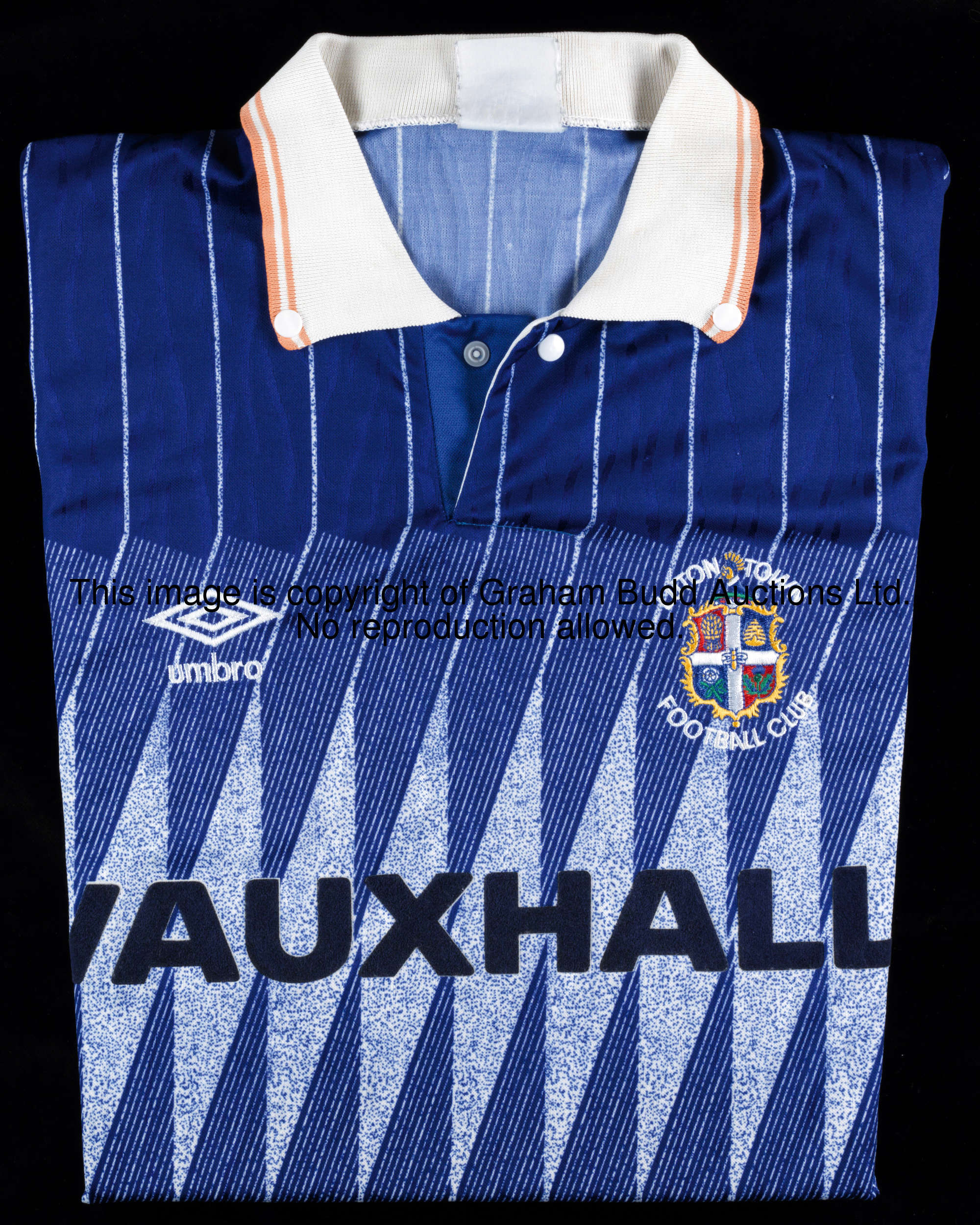 Mick Harford: a blue Luton Town No.10 away jersey season 1990-91, long sleeves with Football League ...