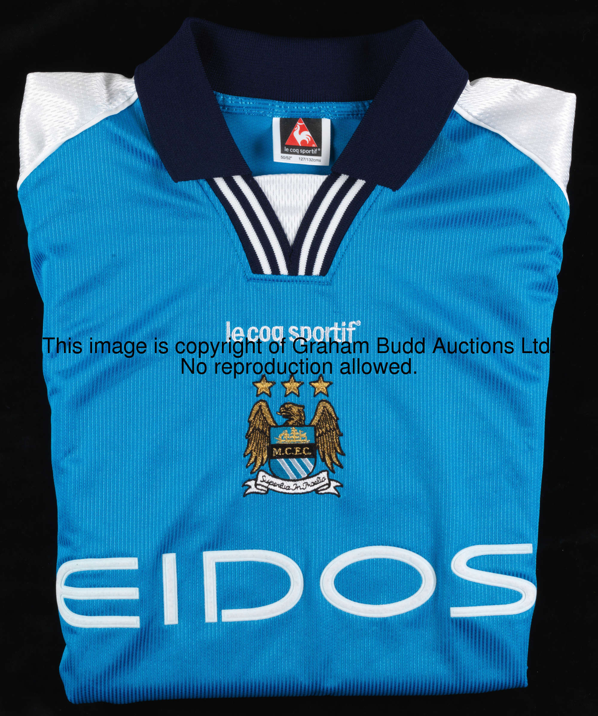 George Weah: a match-worn sky blue Manchester City No.22 jersey circa 2000, short-sleeved, Premier L...