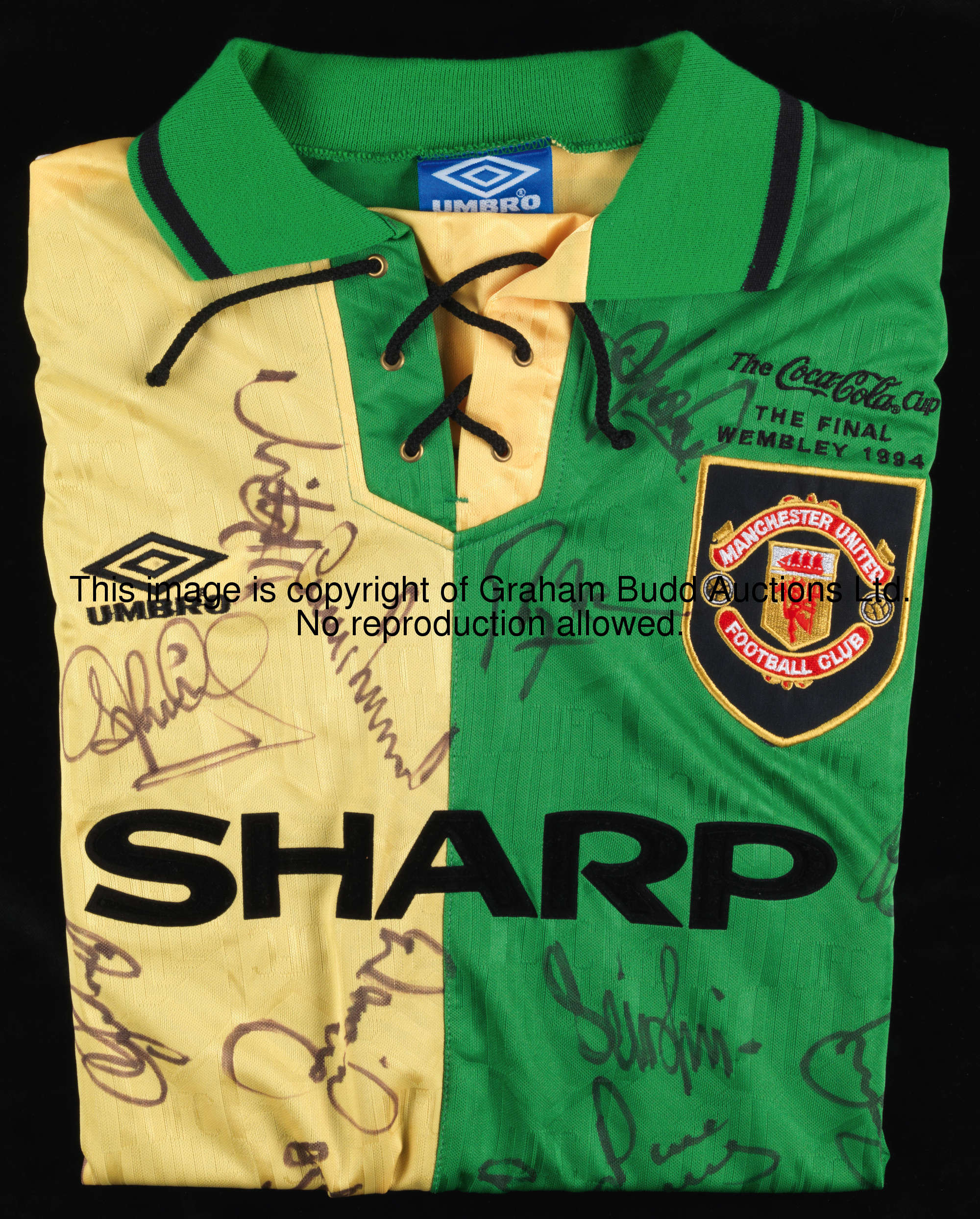 Roy Keane: a team-signed Newton Heath-style green and yellow halved Manchester United No.16 1994 Coc...