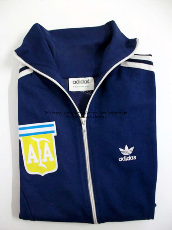 Mario Kempes: a dark blue Argentina 1978 World Cup track suit top, Adidas, zip-up front, AFA badge  ...