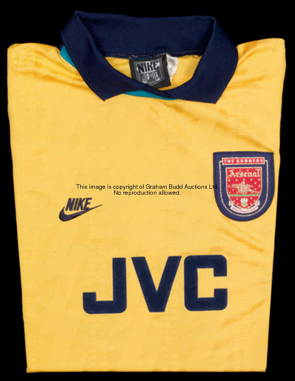 John Hartson: a yellow & blue Arsenal No.16 third-choice jersey season 1994-95, short-sleeved, F.A. ...