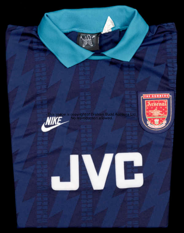 Paul Davis: a blue Arsenal No.4 away jersey season 1994-95, long-sleeved, F.A. Premier League flashe...