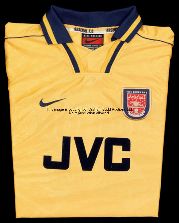 Paul Shaw: a yellow & blue Arsenal No.27 away jersey season 1996-97, long-sleeved, F.A. Premier Leag...