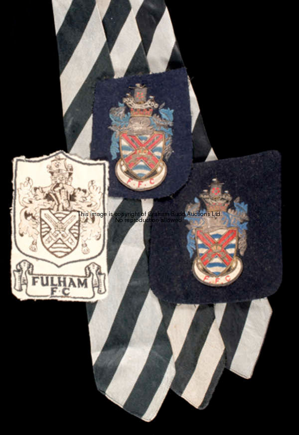 Jim Taylor Fulham FC shirt and blazer badges and neck ties, comprising: a cloth shirt badge embroide...