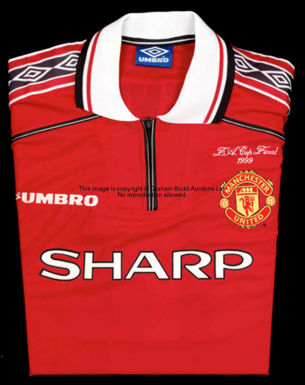 Phil Neville: a red Manchester United No.12 jersey from the 1999 F.A. Cup final, an unused short-sle...