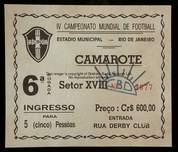 A ticket for the Brazil v Uruguay 1950 World Cup final played at the Maracana, Rio de Janeiro, 16th ...