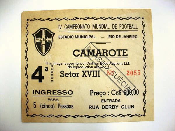 A ticket for the Brazil v Sweden 1950 World Cup Final Round match  played at the Maracana, Rio de Ja...