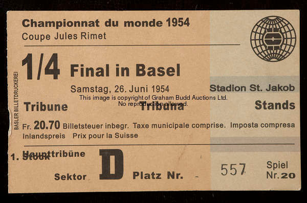 A ticket for the England v Uruguay World Cup quarter-final match played at the St. Jakob Stadium, Be...