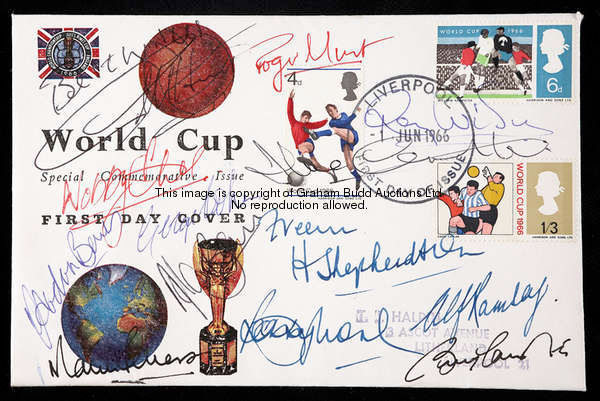 A 1966 World Cup winners First Day Cover signed by manager Alf Ramsey, trainer Harold Shepherdson an...