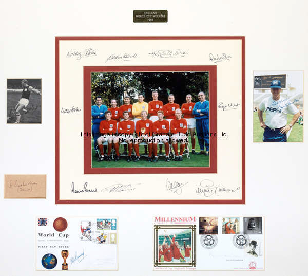 A signed England 1966 World Cup display, comprising a central colour photograph of the winning team,...