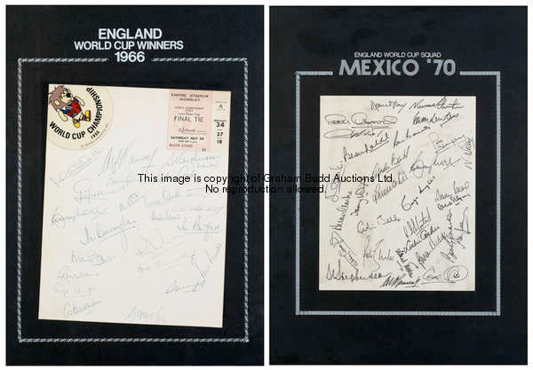 A pair of framed autograph displays of the England 1966 and 1970 World Cup squads, the 1966 sheet si...