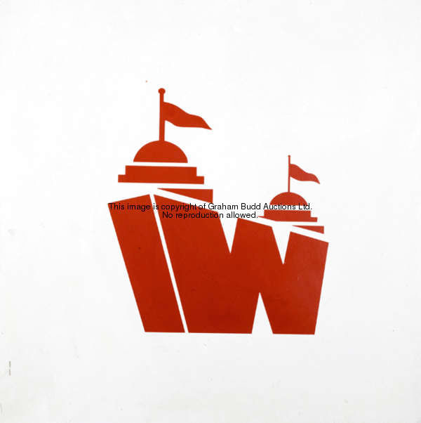 Signage from the old Wembley Stadium, the painted white sign with red ''W'' Wembley logo featuring f...