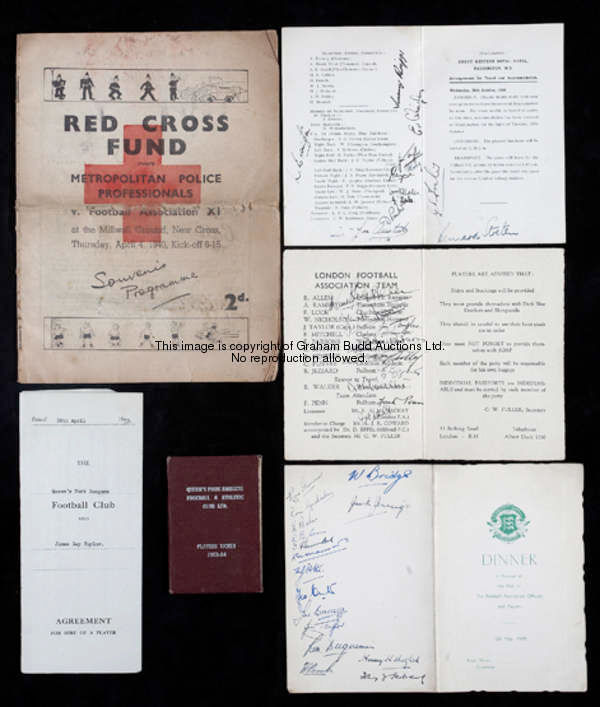 Miscellaneous memorabilia relating to the career of Jim Taylor, including a London F.A. itinerary fo...