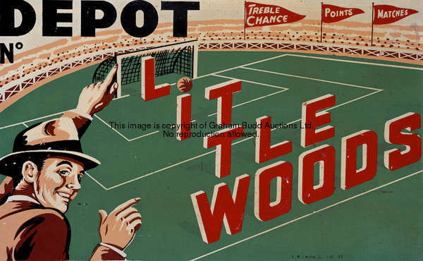 Littlewoods Pools Advertisement, printed onto hardboard, 25.5 by 40cm.,10 by 15 3/4in.