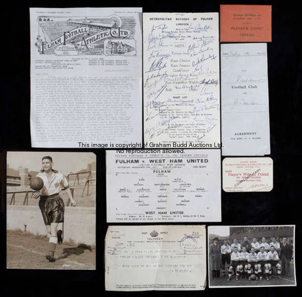 Jim Taylor Fulham FC memorabilia, team-autographed items including a civic reception menu for the 2n...