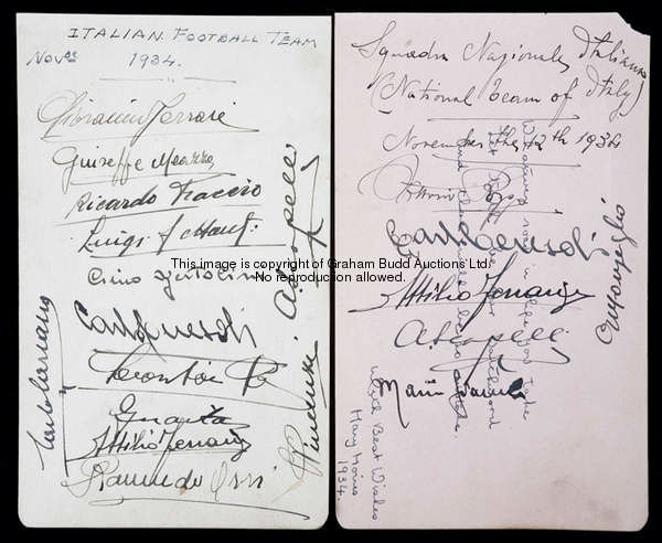 The autographs of the Italian football team from the 'Battle of Highbury' match in November 1934, in...